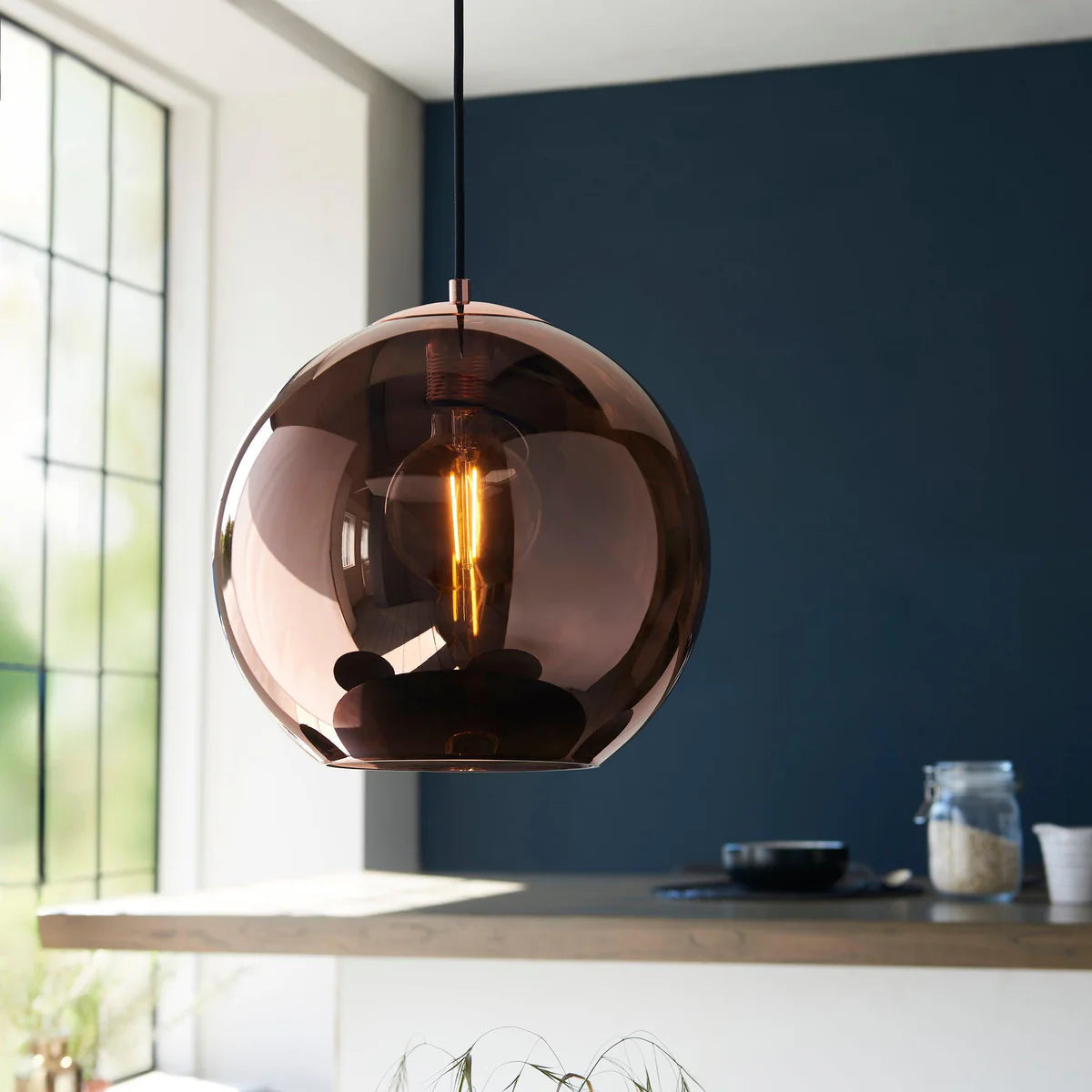 Copper Mirrored Glass, Pendant Kitchen Light, Modern Black Hanging Fixture