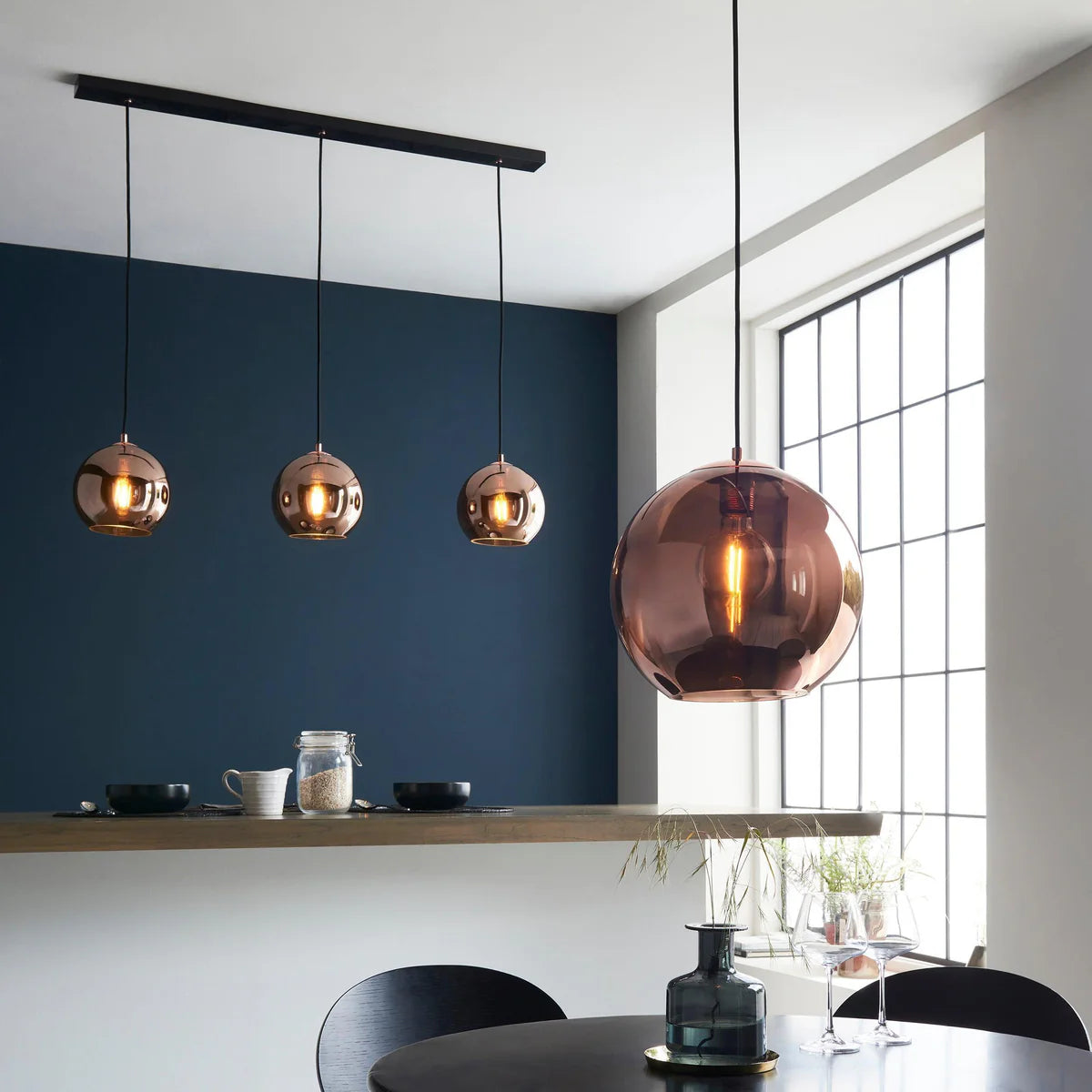 Copper Mirrored Glass, Pendant Kitchen Light, Modern Black Hanging Fixture