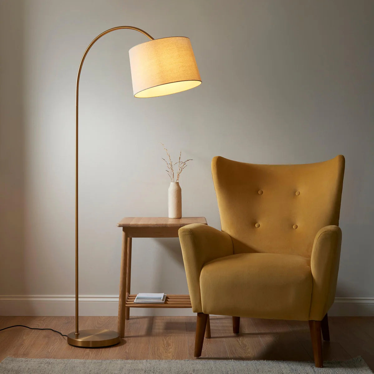 Brass Arc Floor Lamp with Fabric Shade, 1-Light Livingroom Lighting