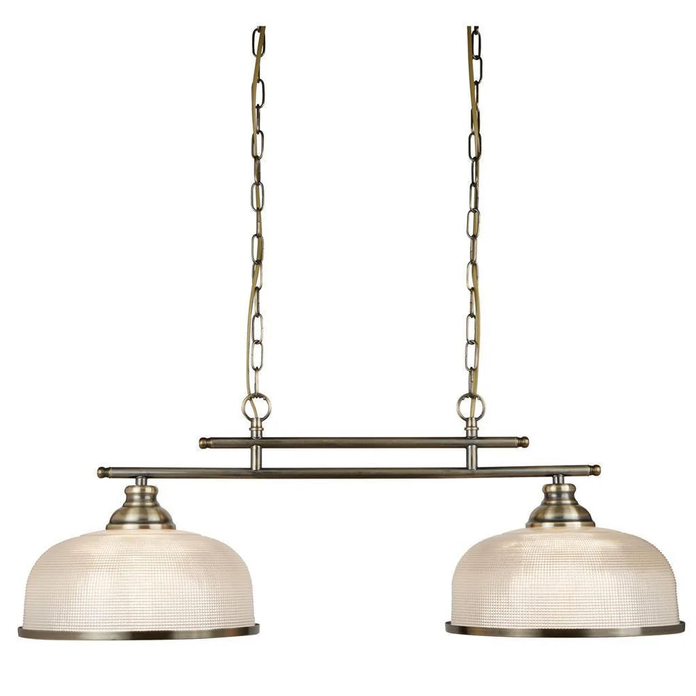 2 Light Brushed Brass Kitchen Light with Holophane Glass Shades, Island Pendant Fixture