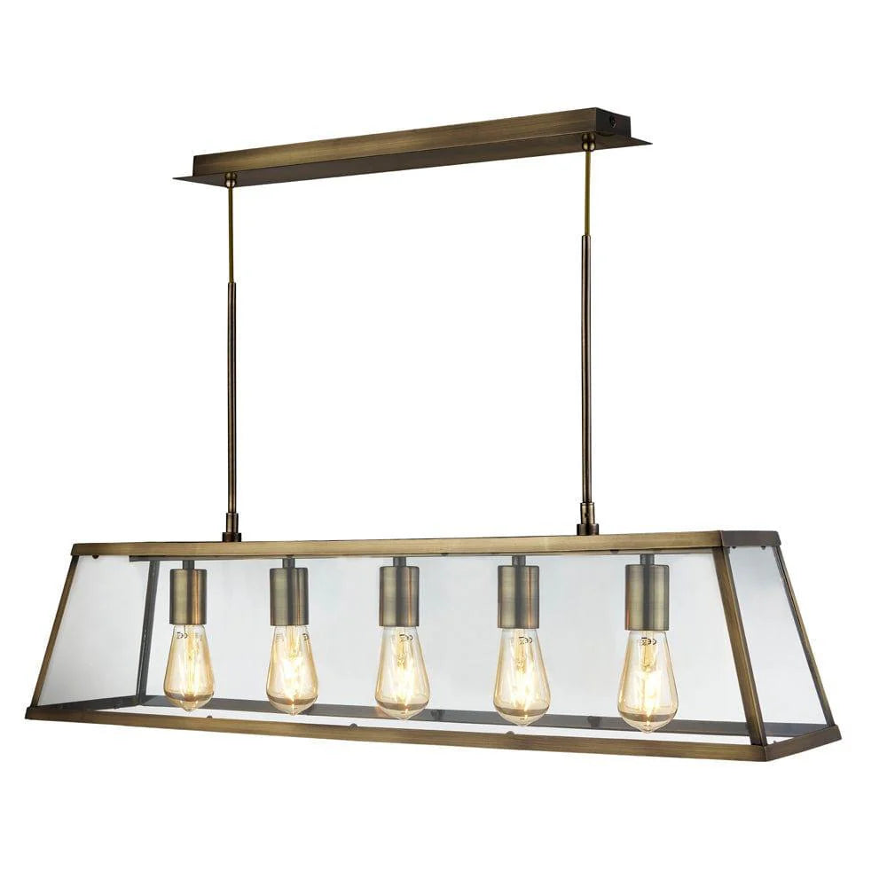 Brass Glass 5 Light Kitchen Light, Adjustable Linear Pendant, Farmhouse Island Fixture