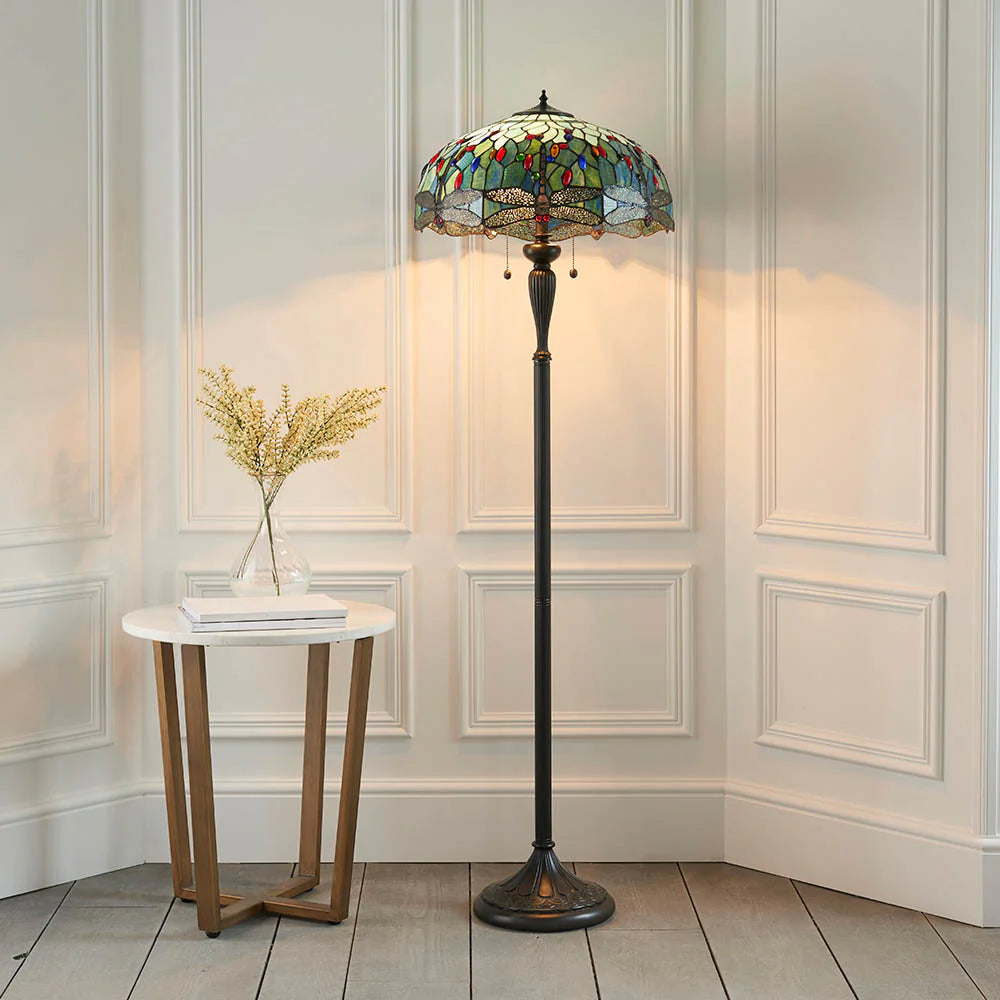 Dragonfly Tiffany Floor Lamp, Multicolor Stained Glass Shade, 2-Light Living Room Lighting