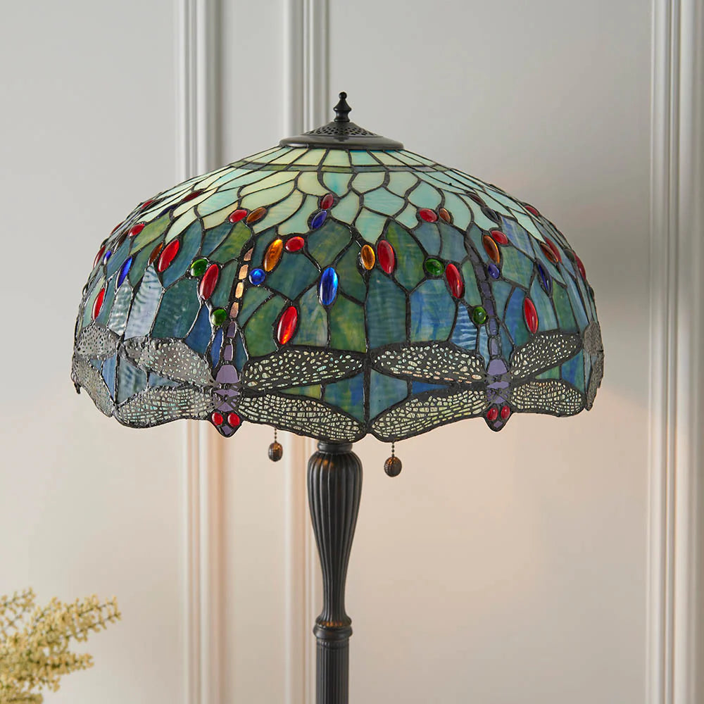 Dragonfly Tiffany Floor Lamp, Multicolor Stained Glass Shade, 2-Light Living Room Lighting