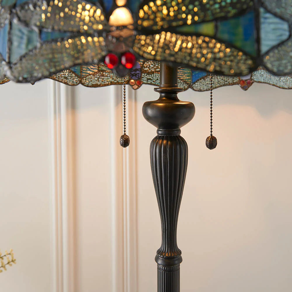 Dragonfly Tiffany Floor Lamp, Multicolor Stained Glass Shade, 2-Light Living Room Lighting