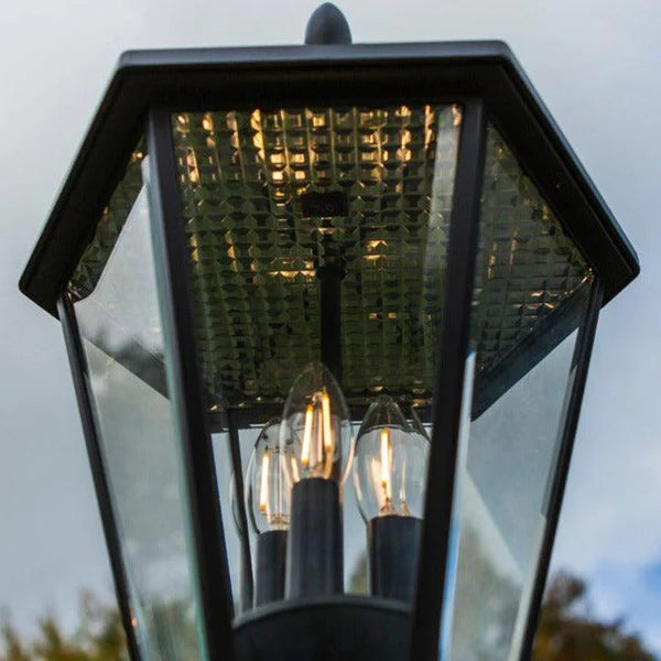 Black Solar LED Lantern Post Light with Glass Panels, 1-Light Outdoor Lighting