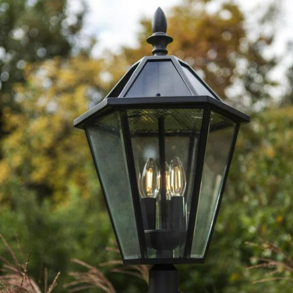 Black Solar LED Lantern Post Light with Glass Panels, 1-Light Outdoor Lighting