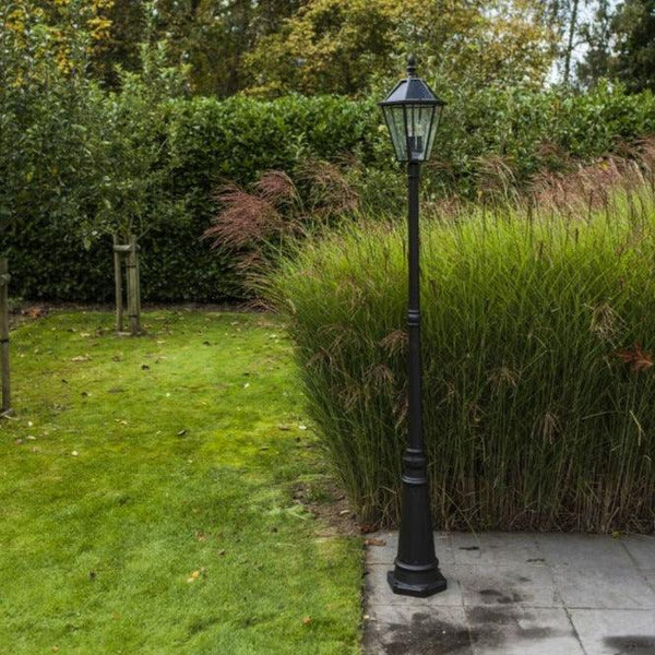Black Solar LED Lantern Post Light with Glass Panels, 1-Light Outdoor Lighting
