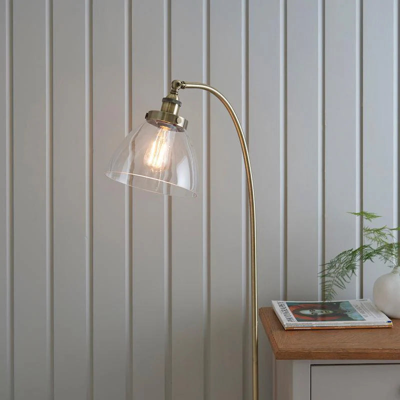 Antique Brass Floor Lamp with Clear Glass Shade, 1-Light Living Room Lighting