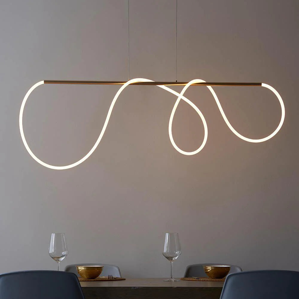 Satin Gold LED Kitchen Light, Modern Curved Bar Pendant, Linear Hanging Fixture