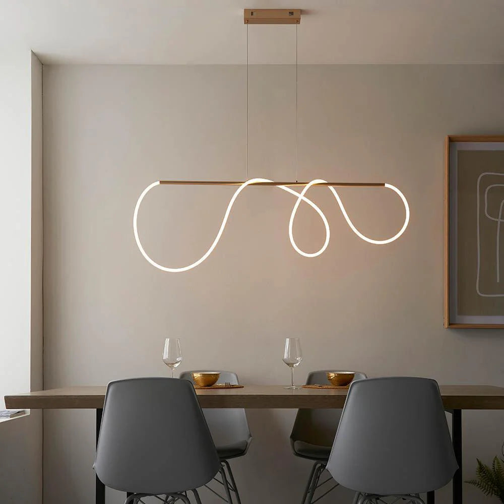 Satin Gold LED Kitchen Light, Modern Curved Bar Pendant, Linear Hanging Fixture