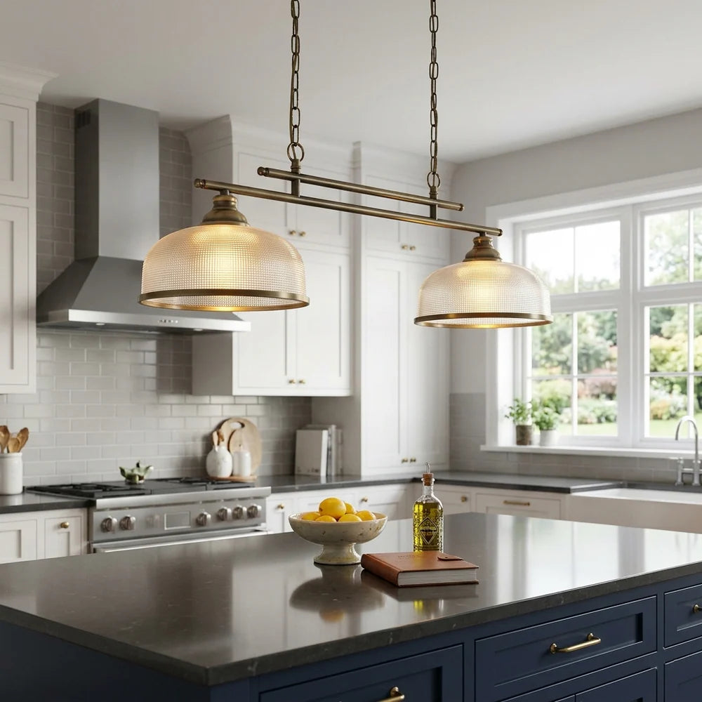 2 Light Brushed Brass Kitchen Light with Holophane Glass Shades, Island Pendant Fixture