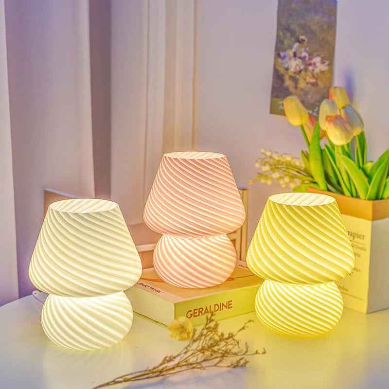 Retro LED Bedside Lamp, Pastel Spiral Design, USB Dimmable Table Light