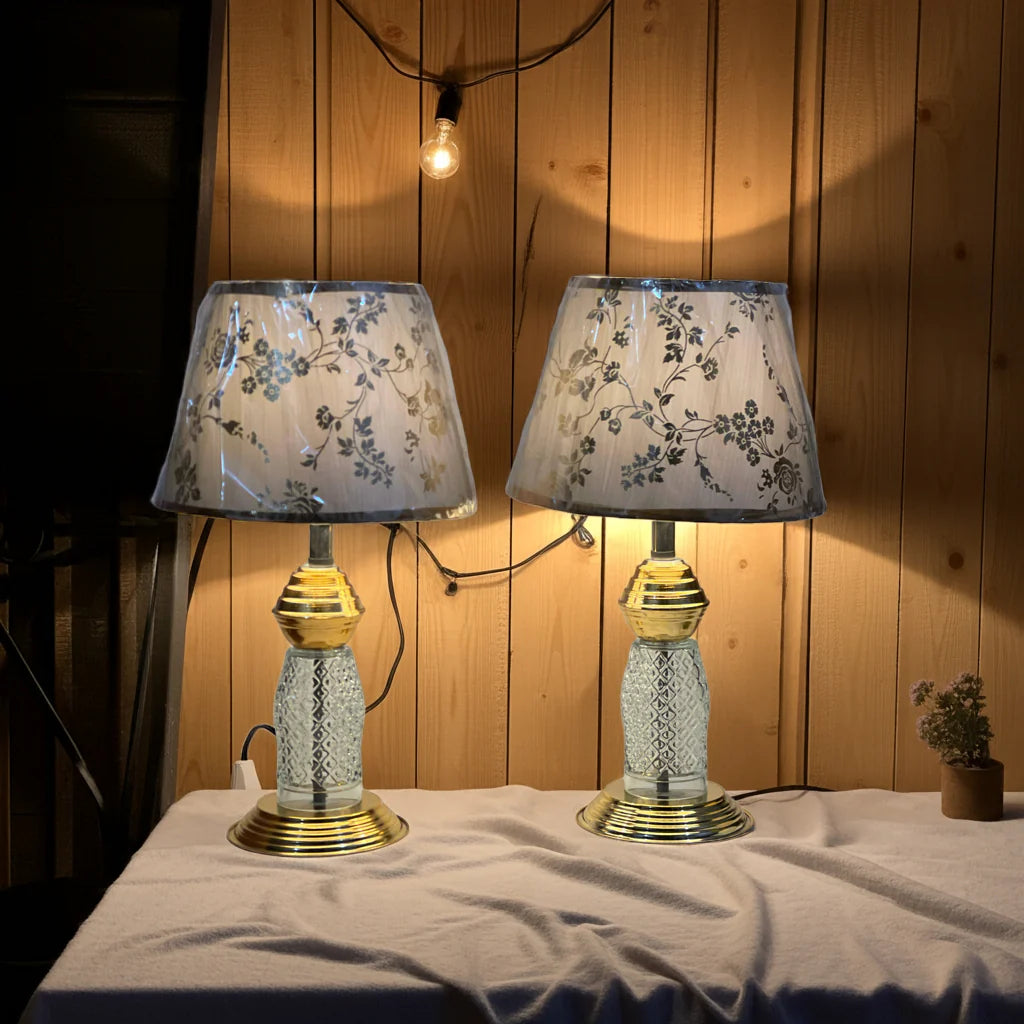 Glass & Gold Bedside Lamp Set, Floral Shade, 2 Piece Elegant Table Lamps