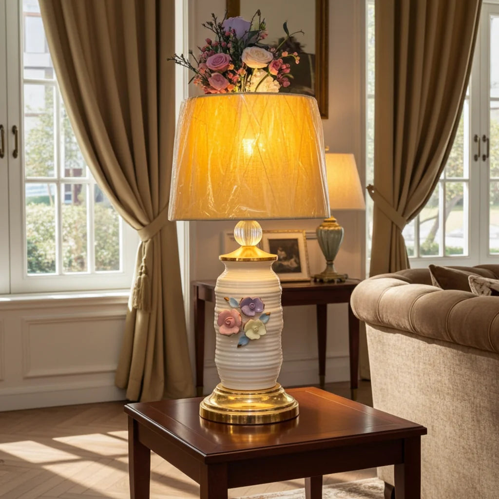 Floral Ceramic Bedside Lamp, Ivory & Pastel Design, Warm Ambient Light, 26 Inch Table Lamp
