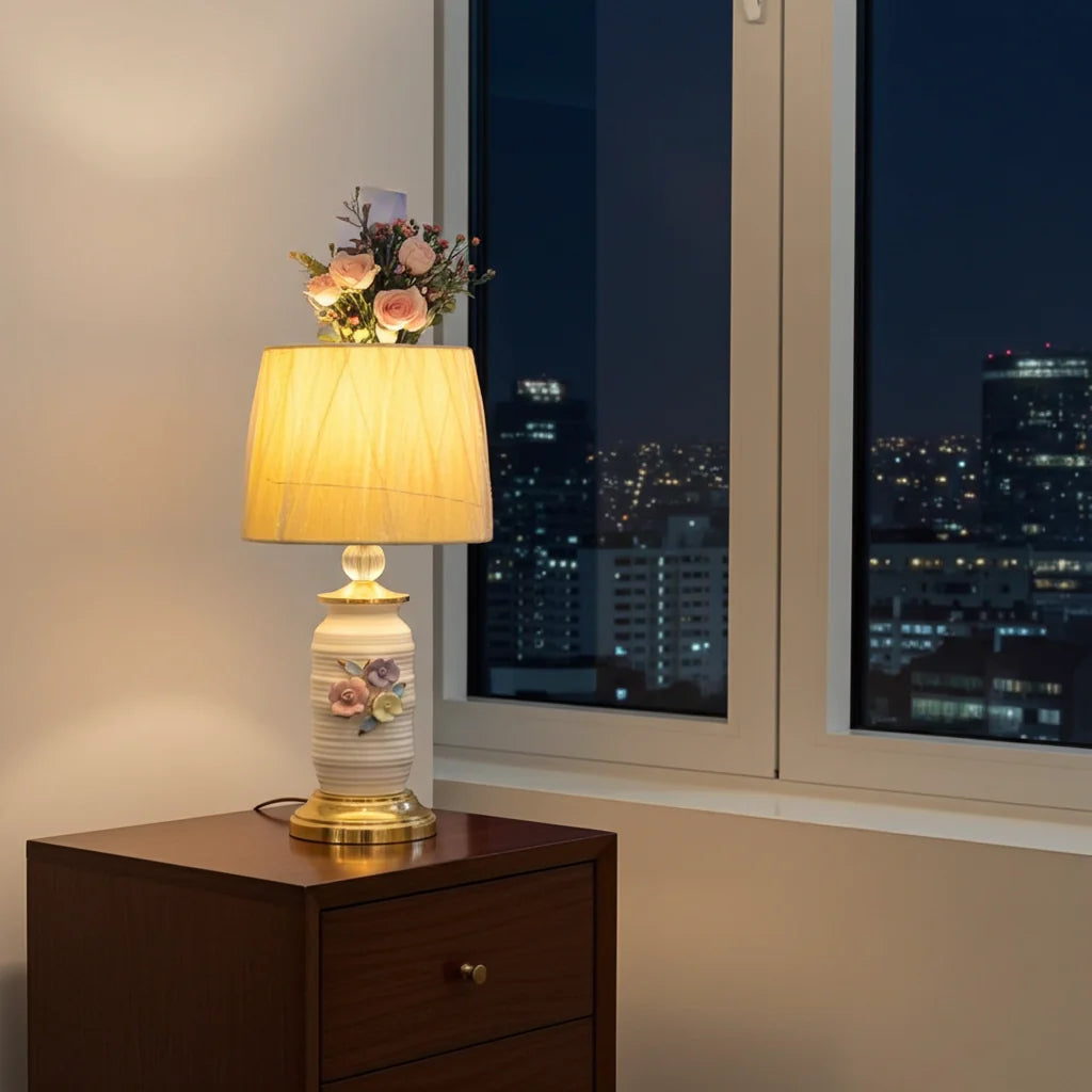 Floral Ceramic Bedside Lamp, Ivory & Pastel Design, Warm Ambient Light, 26 Inch Table Lamp