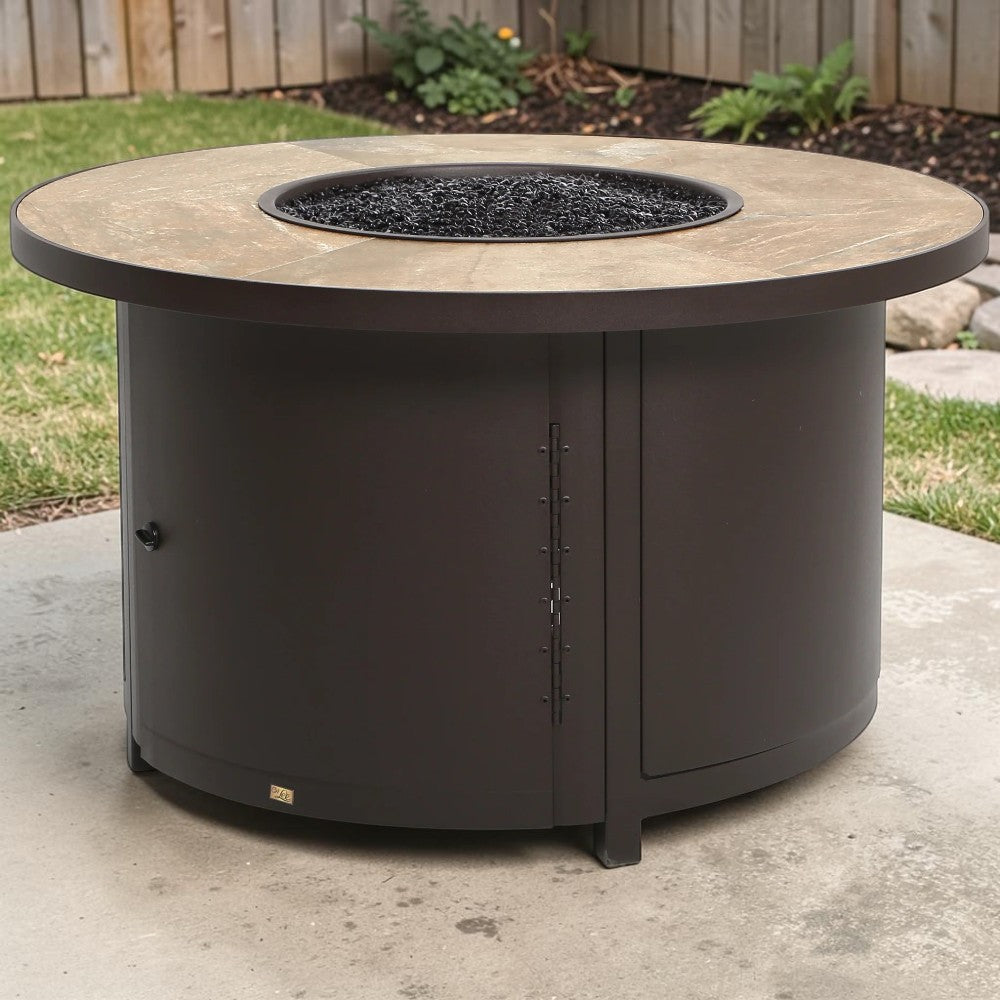 Round Porcelain Top, Outdoor Fire Pit Table with Iron Frame, 42-Inch Patio Fire Pit