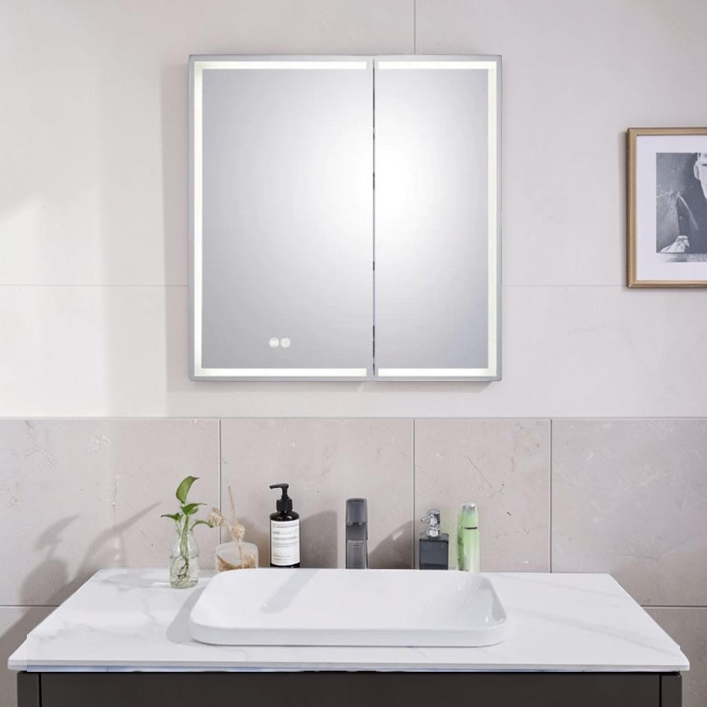 LED Mirror Cabinet, Silver Brushed Double Door, Bathroom Storage with Anti-Fog Lighting
