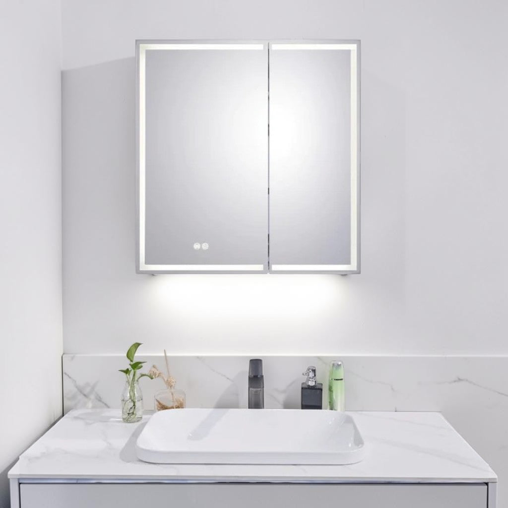 LED Mirror Cabinet, Silver Brushed Double Door, Bathroom Storage with Anti-Fog Lighting
