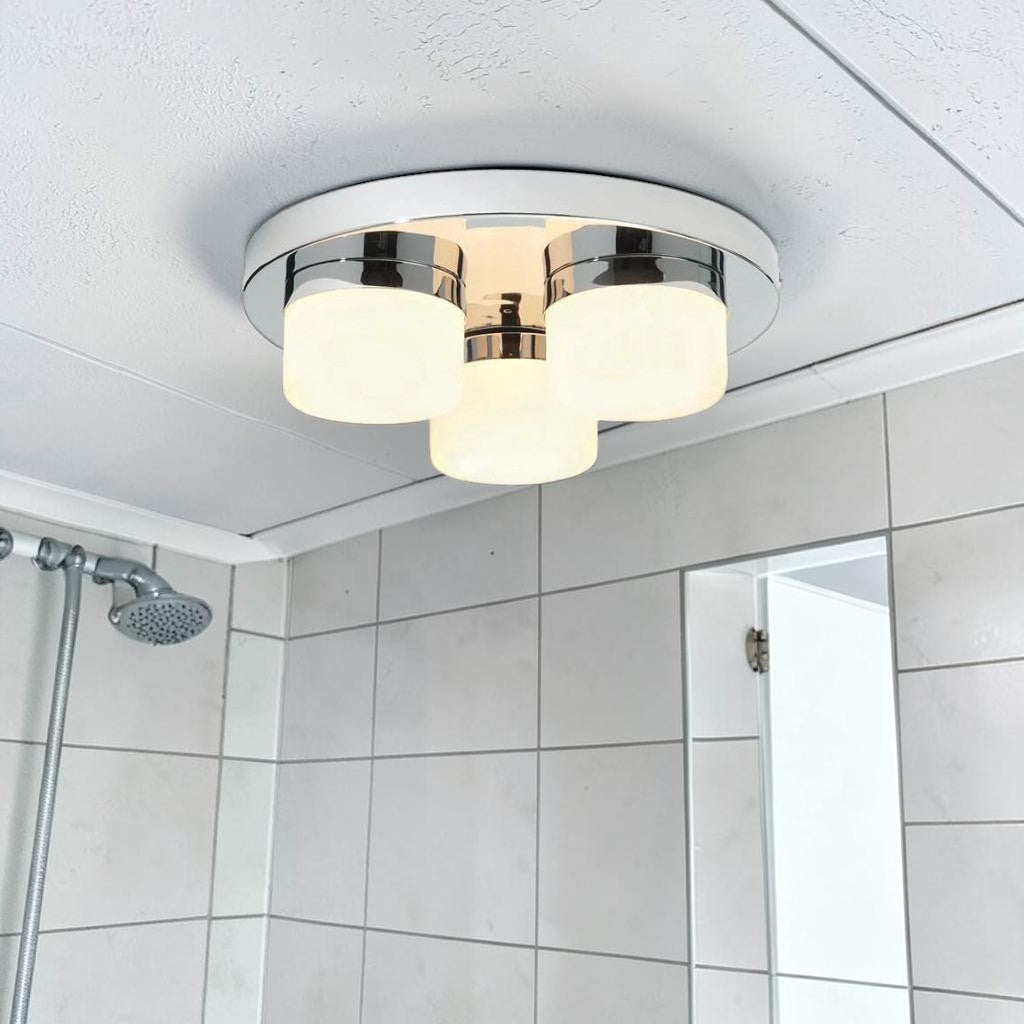 Chrome Flush Mount Bathroom Light, Opal Glass 3 Light Ceiling Fixture with G9 Bulbs