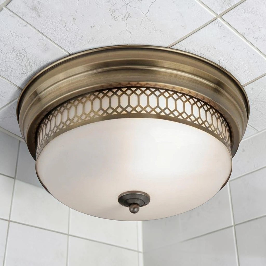 Antique Brass Opal Glass, Flush Mount Bathroom Light, Vintage Ceiling Fixture