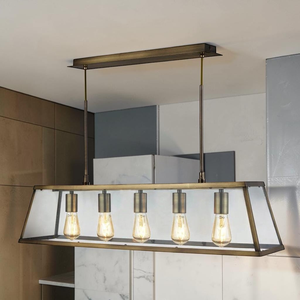 Brass Glass 5 Light Kitchen Light, Adjustable Linear Pendant, Farmhouse Island Fixture
