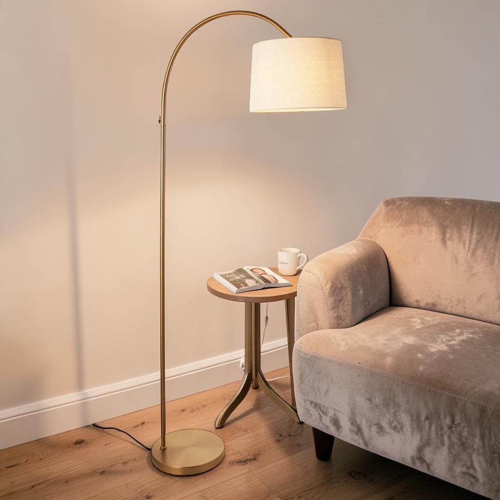 Brass Arc Floor Lamp with Fabric Shade, 1-Light Livingroom Lighting