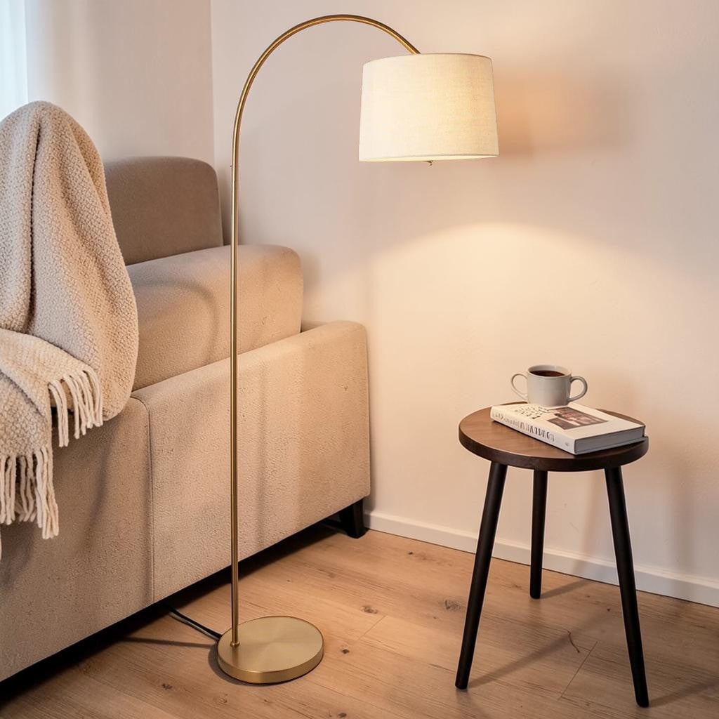 Brass Arc Floor Lamp with Fabric Shade, 1-Light Livingroom Lighting