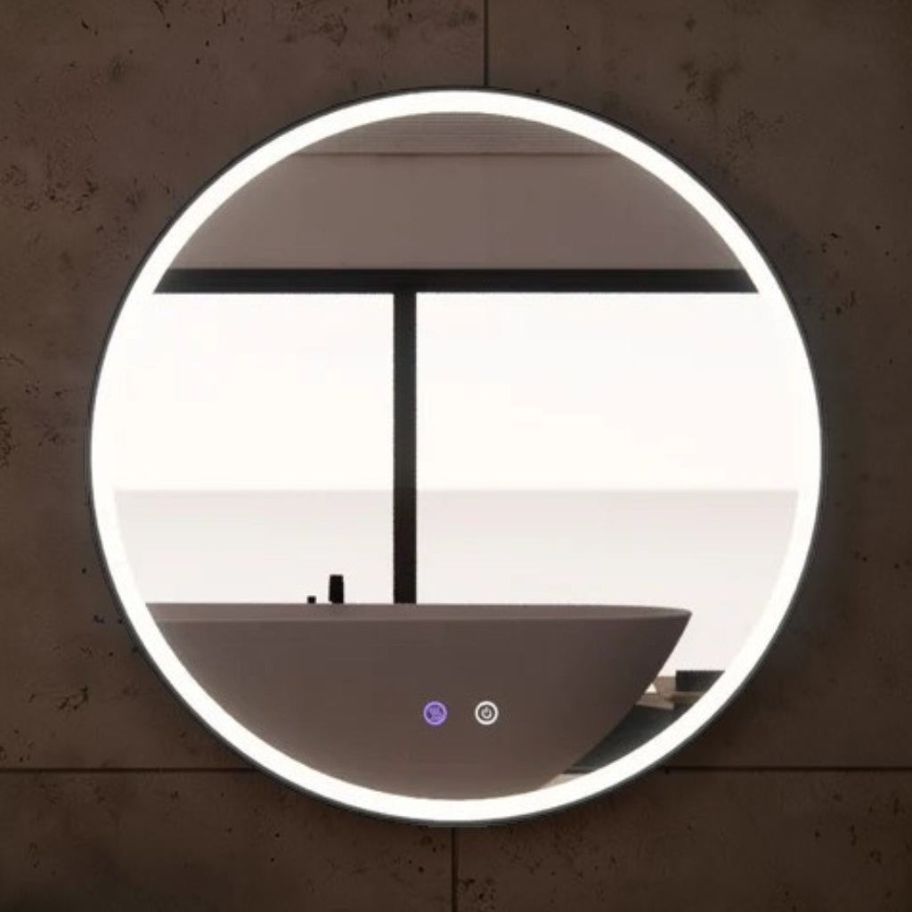 Round LED Wall Mirror, Matte Black Frame with Dimmable Backlit Lighting