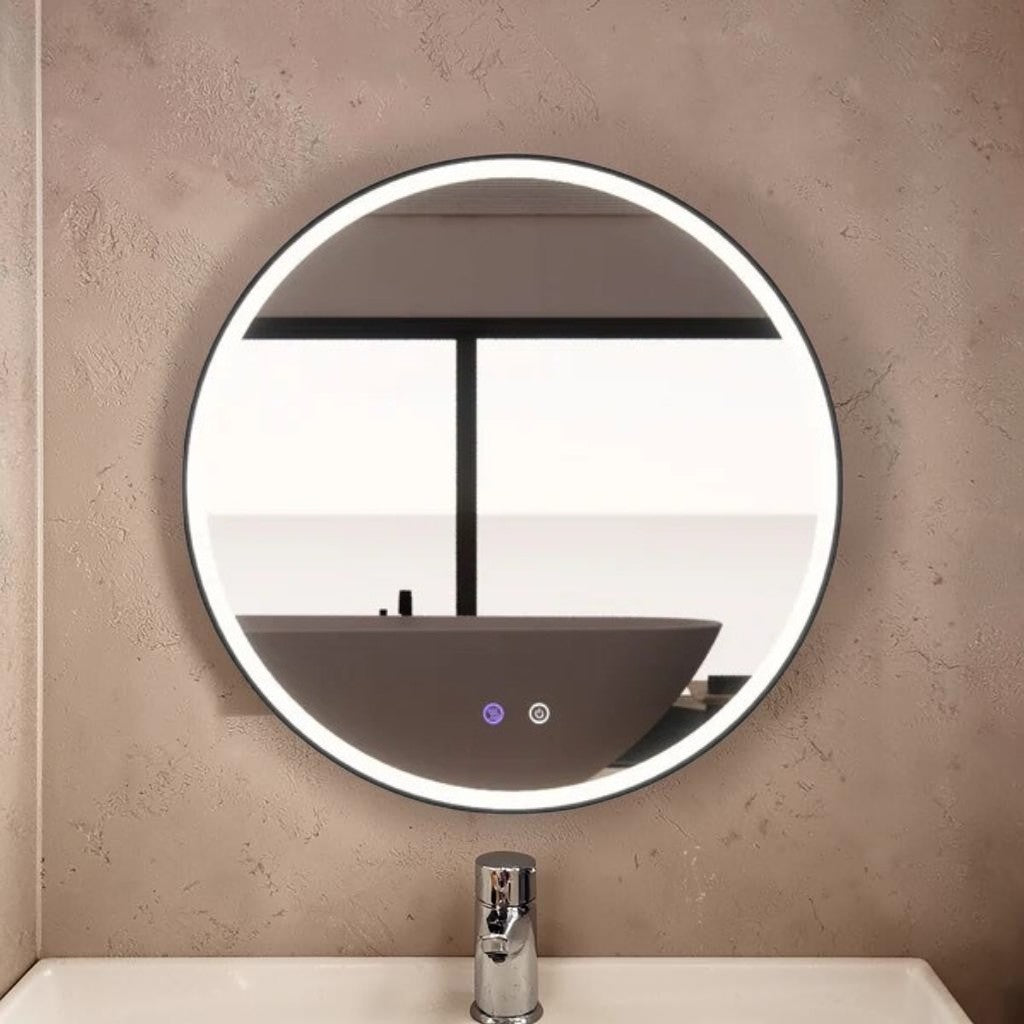 Round LED Wall Mirror, Matte Black Frame with Dimmable Backlit Lighting