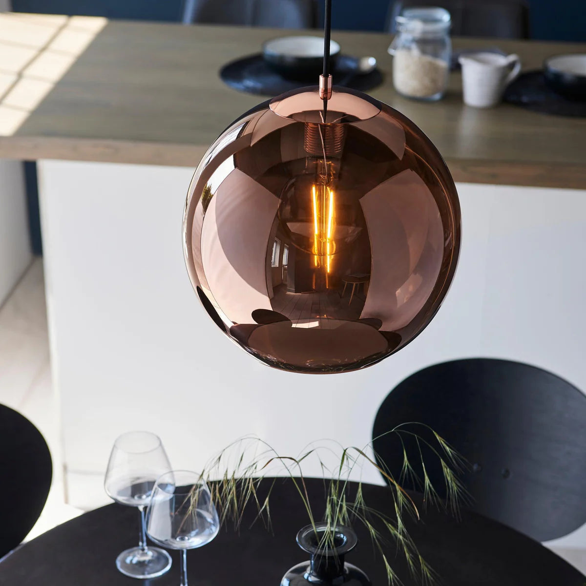 Copper Mirrored Glass, Pendant Kitchen Light, Modern Black Hanging Fixture