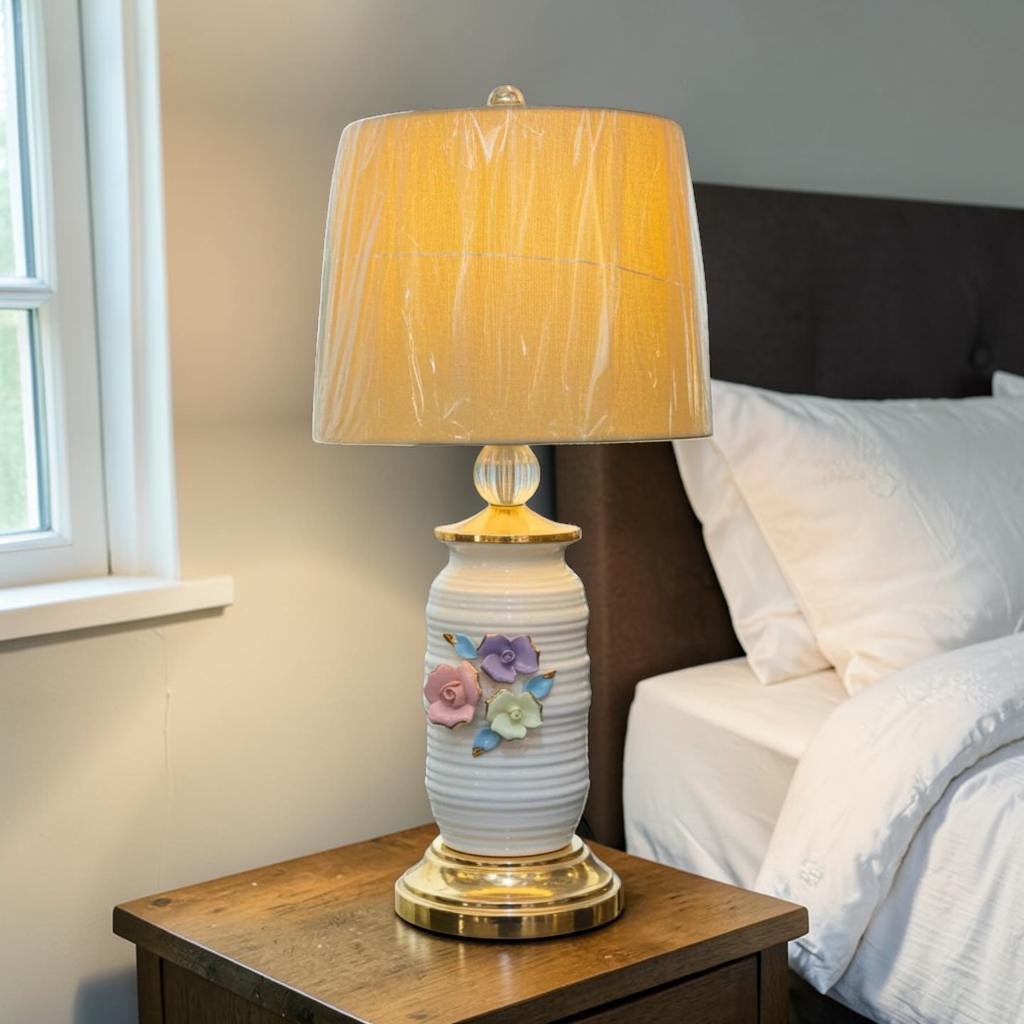 Floral Ceramic Bedside Lamp, Ivory & Pastel Design, Warm Ambient Light, 26 Inch Table Lamp