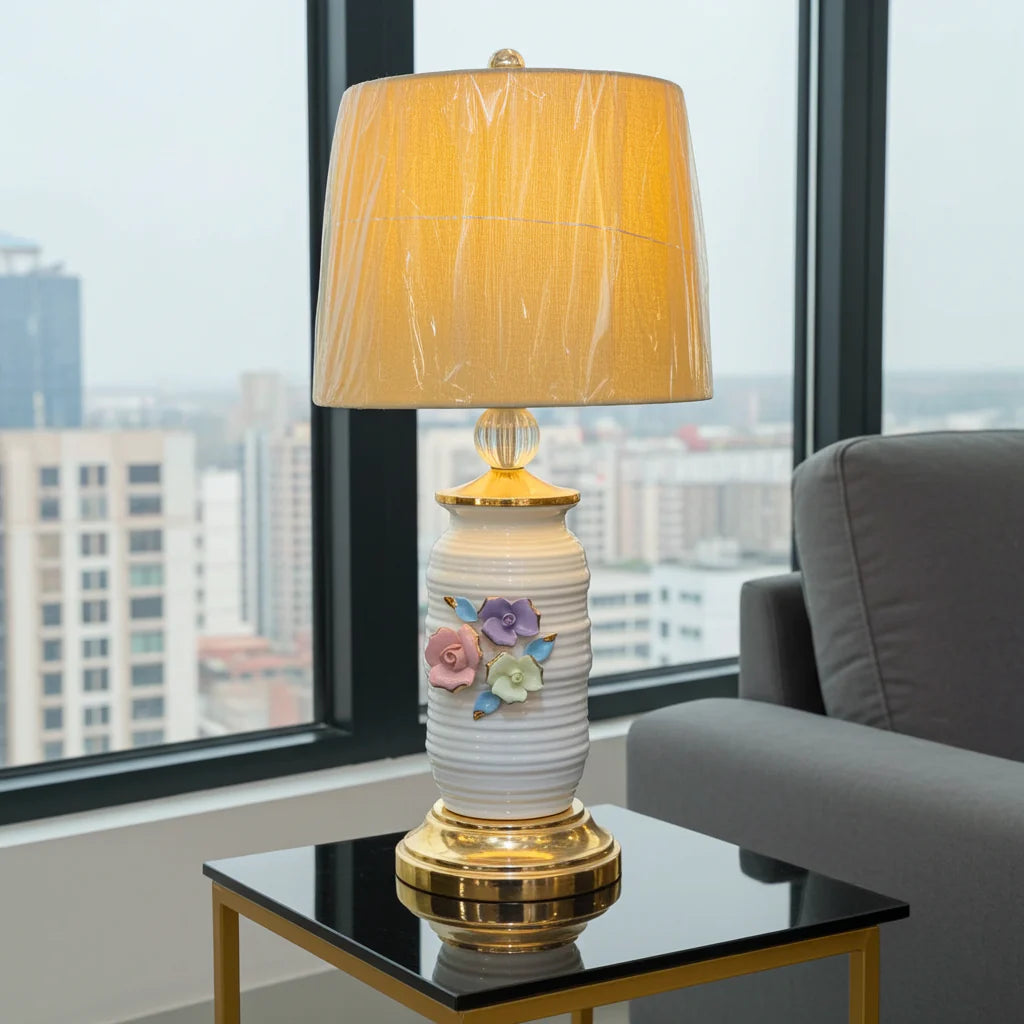 Floral Ceramic Bedside Lamp, Ivory & Pastel Design, Warm Ambient Light, 26 Inch Table Lamp