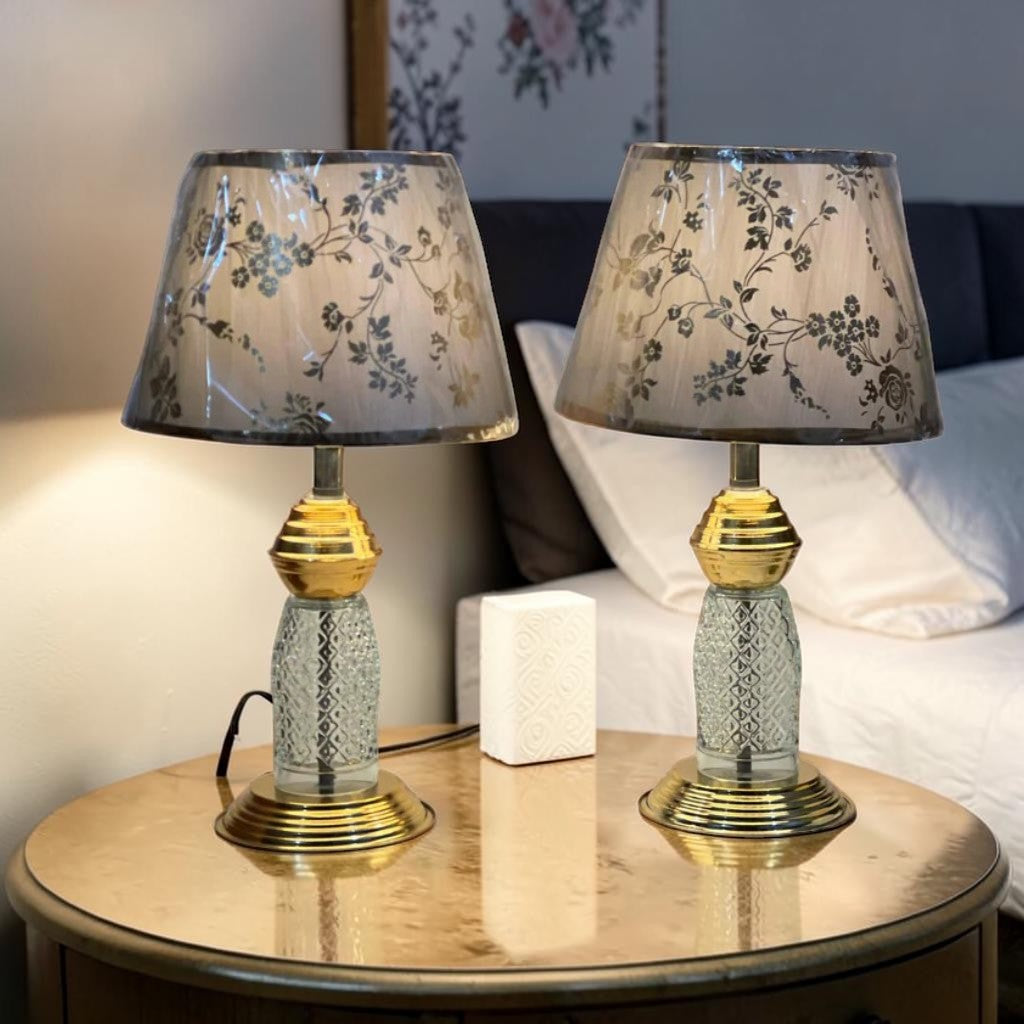Glass & Gold Bedside Lamp Set, Floral Shade, 2 Piece Elegant Table Lamps