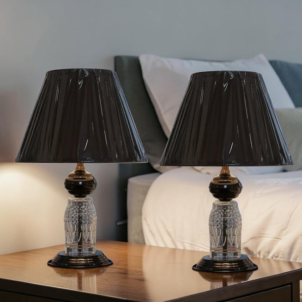 Glass & Black Bedside Lamp Set, Modern Elegant Shade, 2 Piece Table Lamps