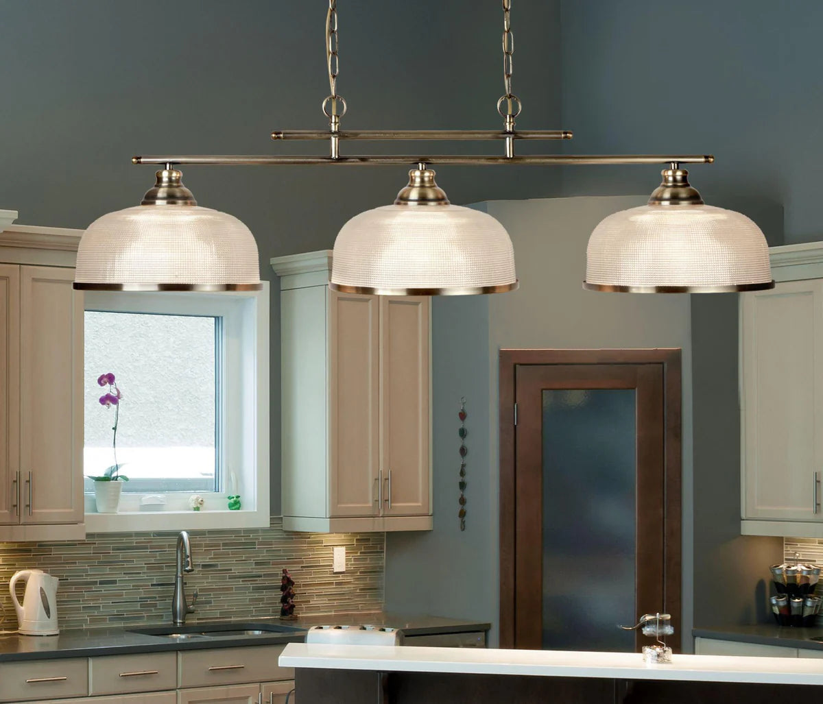 Brass Glass 3 Light Kitchen Light, Adjustable Bar Pendant, Vintage Island Fixture