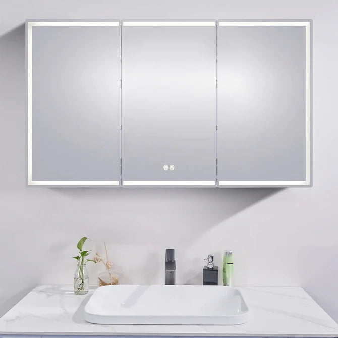 LED Mirror Cabinet, Silver Brushed 3 Door, Bathroom Storage with Dimmable Anti Fog Lighting