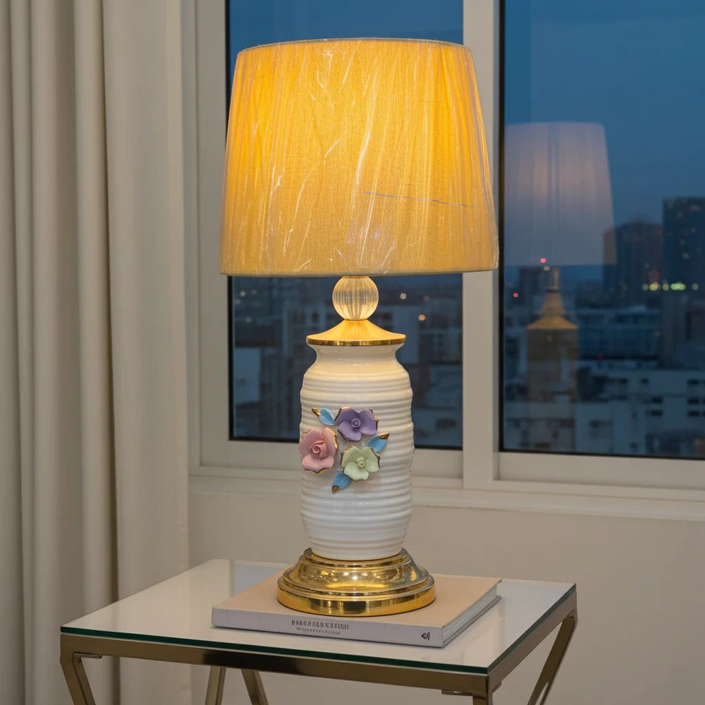 Floral Ceramic Bedside Lamp, Ivory & Pastel Design, Warm Ambient Light, 26 Inch Table Lamp