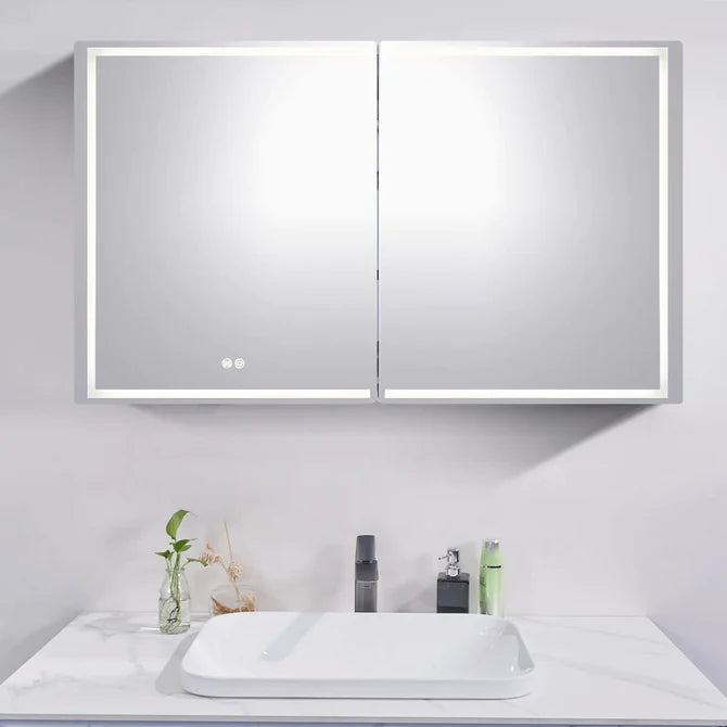 LED Mirror Cabinet, Silver Brushed Double Door, Bathroom Storage with Dimmable Anti-Fog Lighting