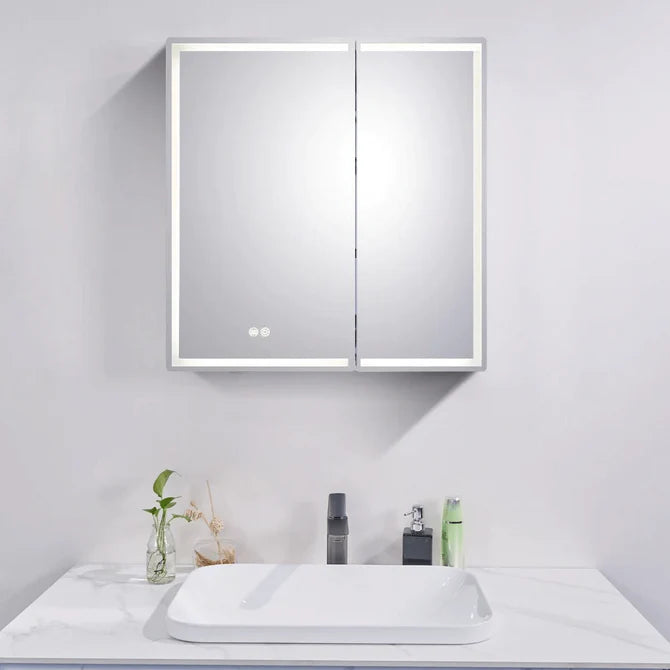 LED Mirror Cabinet, Silver Brushed Double Door, Bathroom Storage with Anti-Fog Lighting