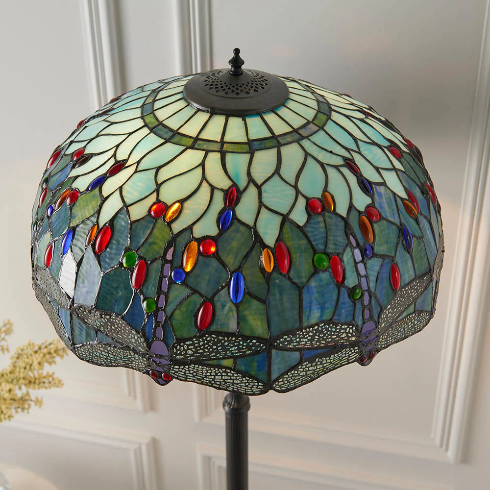 Dragonfly Tiffany Floor Lamp, Multicolor Stained Glass Shade, 2-Light Living Room Lighting
