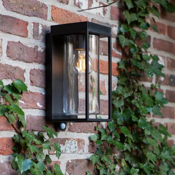 Black Solar Glass Wall Lantern with Motion Sensor, 1-Light Outdoor Lighting