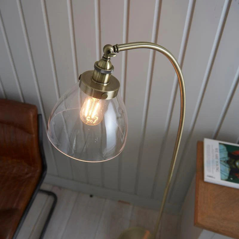 Antique Brass Floor Lamp with Clear Glass Shade, 1-Light Living Room Lighting