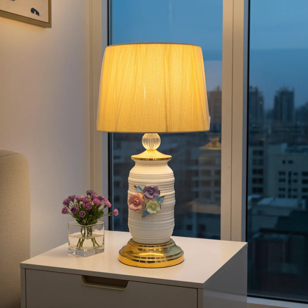 Floral Ceramic Bedside Lamp, Ivory & Pastel Design, Warm Ambient Light, 26 Inch Table Lamp