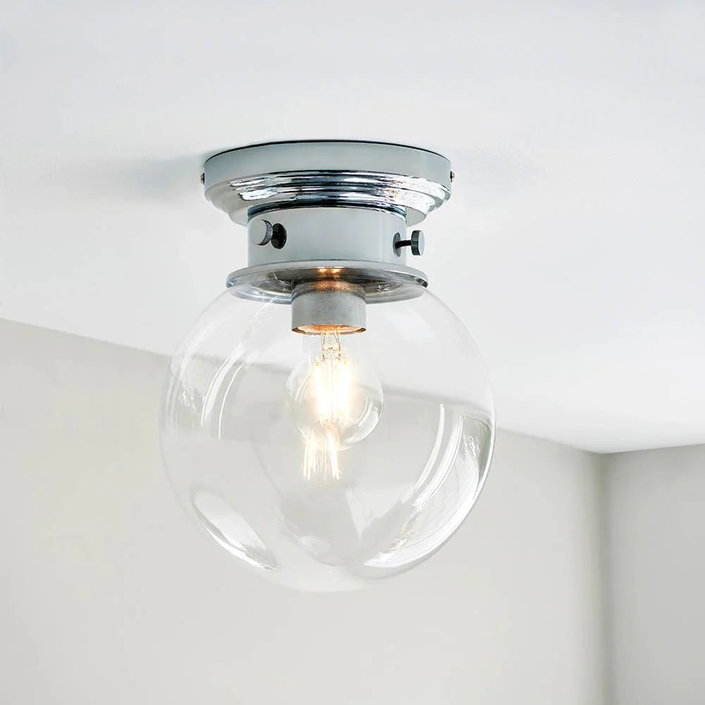 Glass Globe Bathroom Light, Chrome Flush Mount Ceiling Fixture with E26 Socket