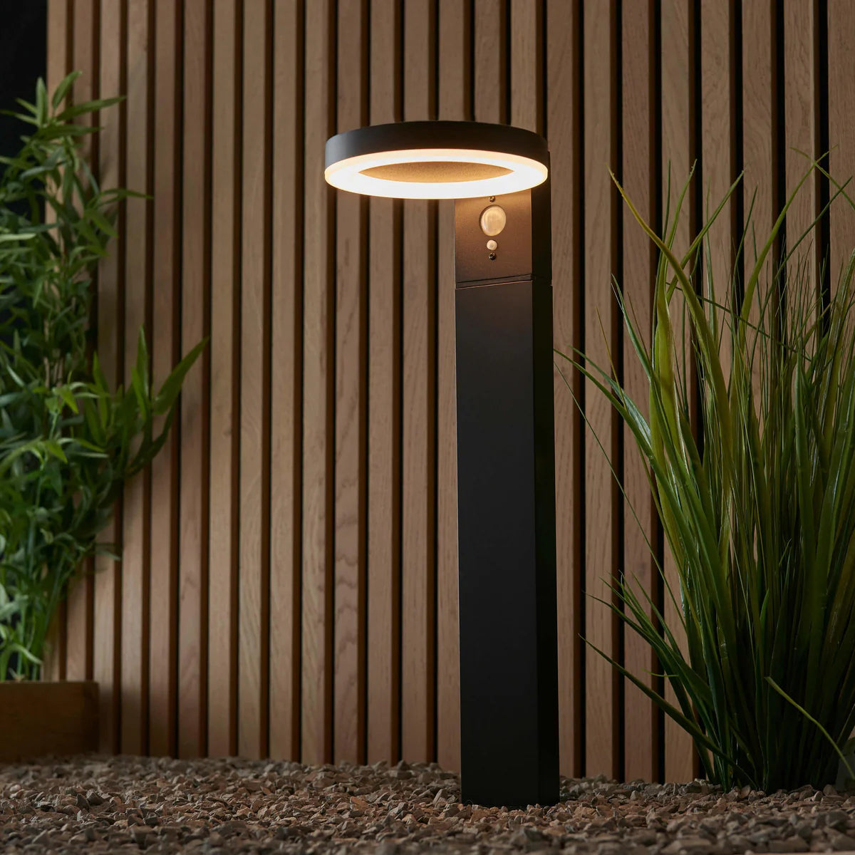 Black LED Motion Sensor Outdoor Post Light, 1-Light Modern Outdoor Lighting
