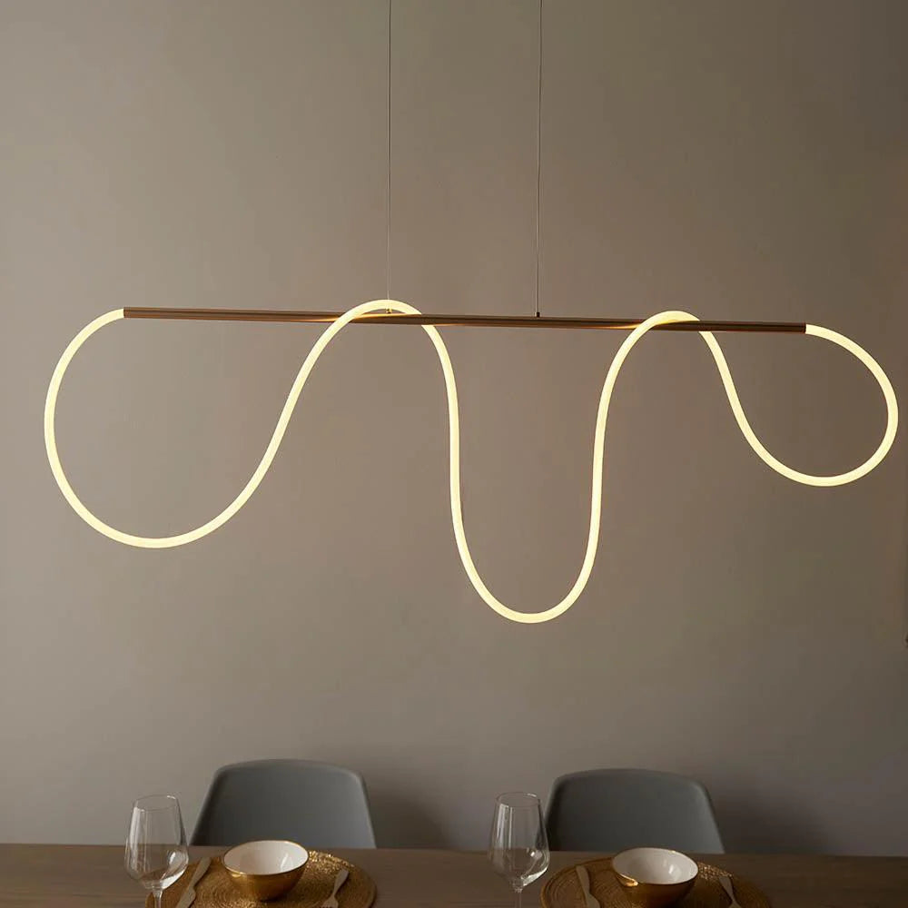 Satin Gold LED Kitchen Light, Modern Curved Bar Pendant, Linear Hanging Fixture