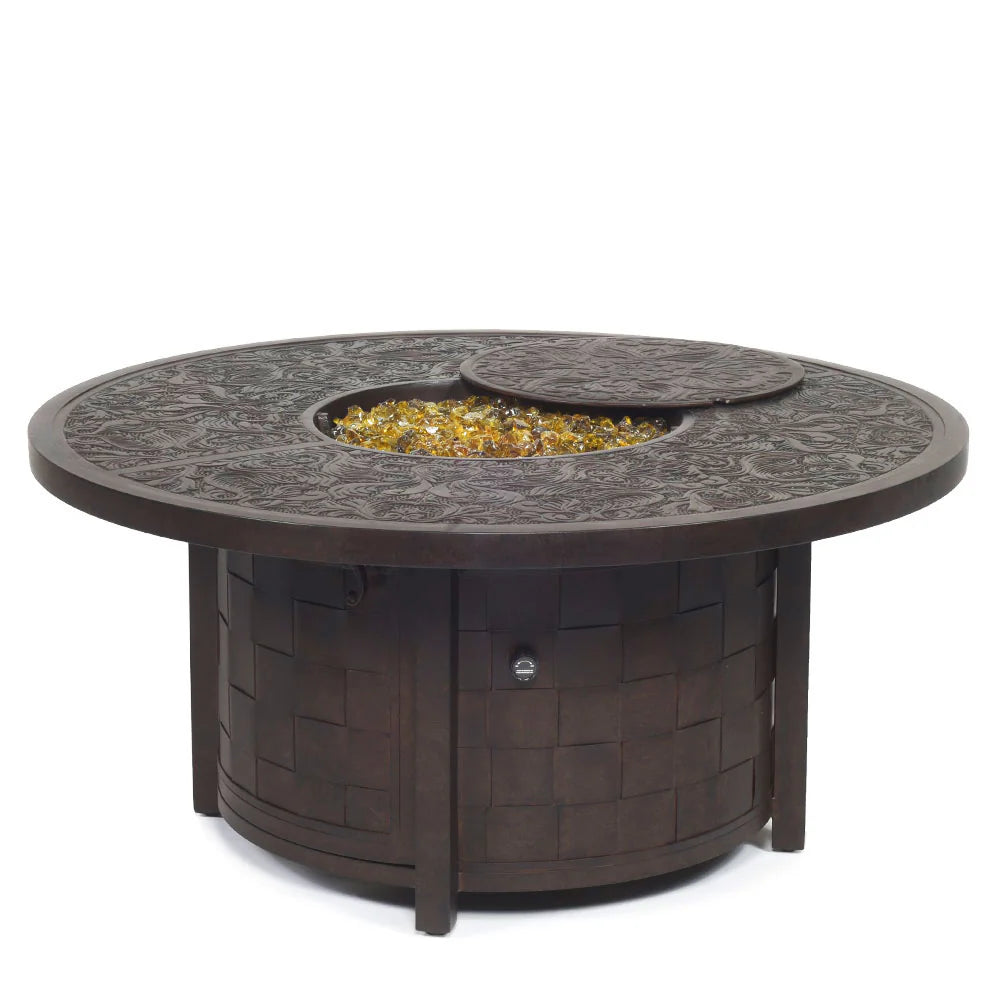 Ornate Cast Aluminum Outdoor Fire Pit Table with Decorative Top, 49-Inch Round Patio Fire Pit