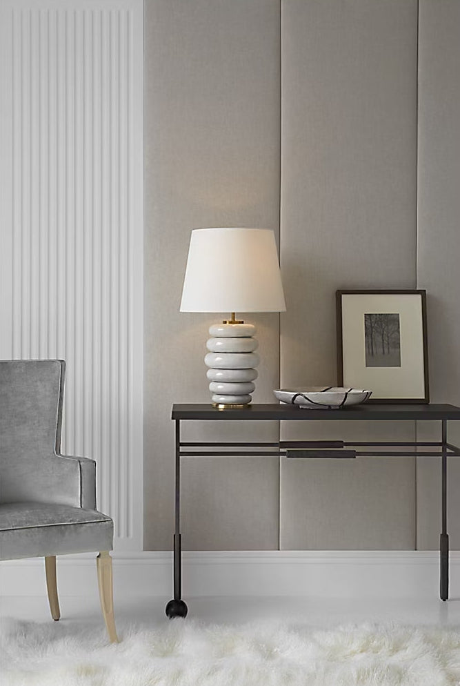 Ceramic Table Lamp, White Textured Base with Fabric Shade, 1 Piece Bedside Lamp