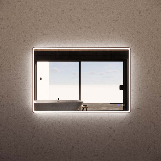 LED Wall Mirror, Gold Trim Rectangular Bathroom Mirror with Dimmable Lighting