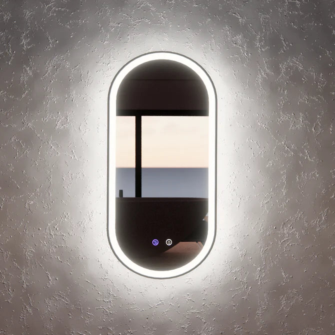 Oval LED Wall Mirror, Matte Black Frame with Dimmable Backlit Lighting